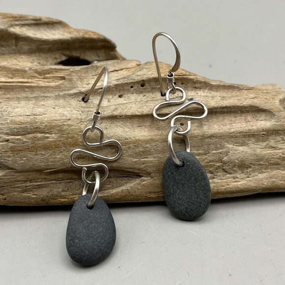 Handmade Sterling Silver Wire Wrapped Natural Beach Rock Drop Earrings - Picture 2 of 3